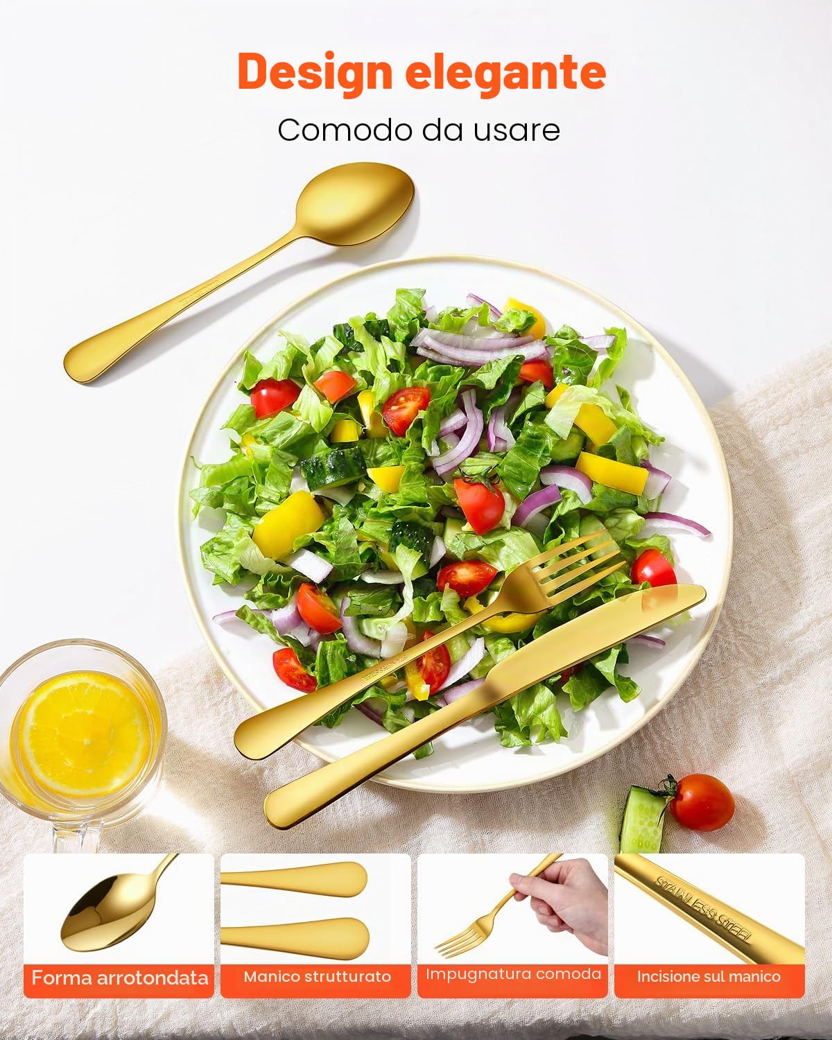 VEVOR Set di Posate in Acciaio Inossidabile per Uso Alimentare, Set Posate Altamente Lucide, Stoviglie in Lavastoviglie, Servizio 20 Persone, Coltello Forchetta Cucchiaio 100 Pezzi in Oro