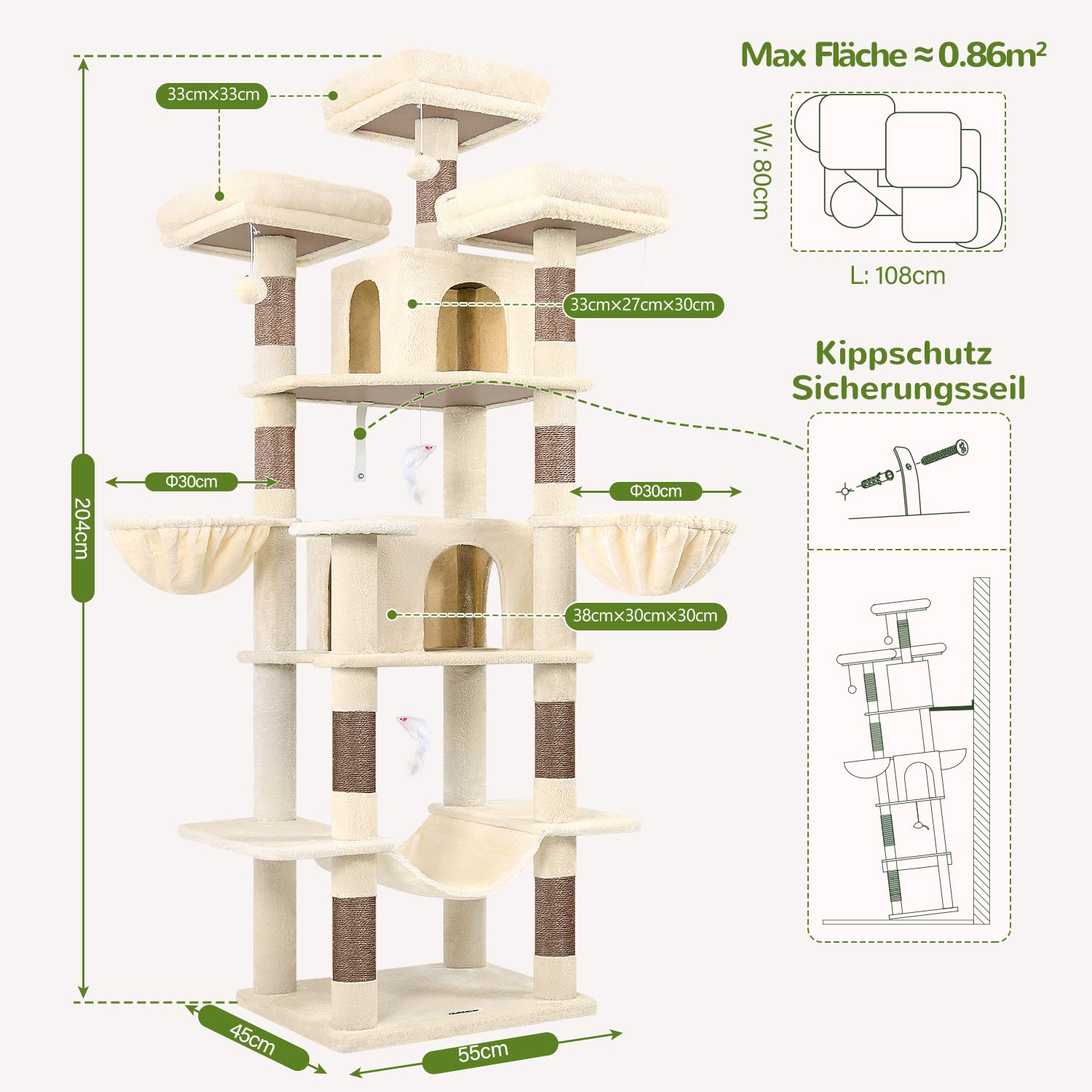 Globlazer Kratzbaum Beige Große XXL hoch 204 cm mit 3 Gepolsterte Sitzstangen, 2 Katzenhaus, 2 Korb, Hängematte, Luxus Katzenbaum Stabil für 3-5 Erwachsene Katze Ausruhen Spielen Kratzen (F80, Beige)