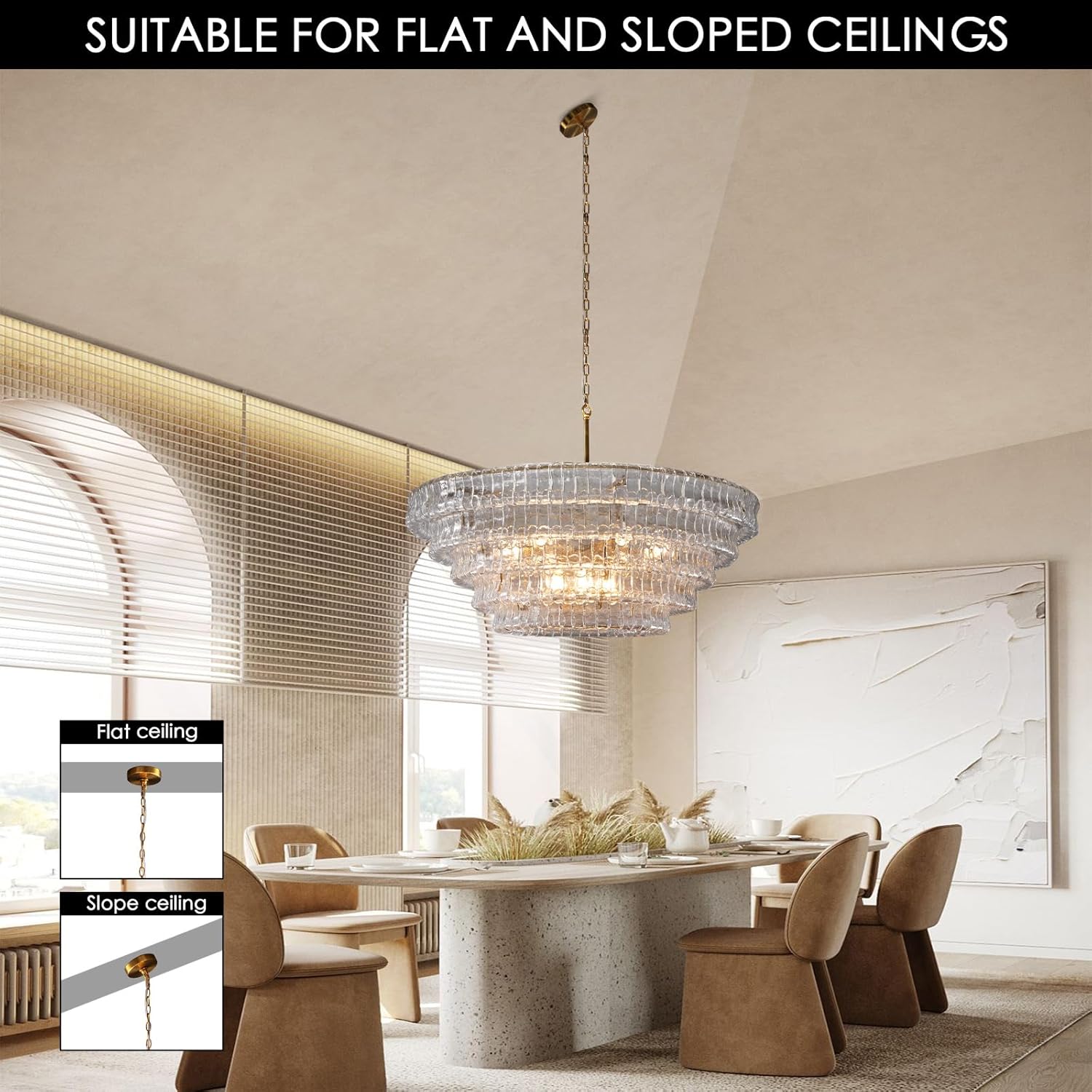 Clear Glass 47 inch Round Chandelier for Dining Room, Modern Drum Pendant Light Fixture with Crystal Glass, Gold Large Ceiling Light Perfect for Living Room, Bedroom