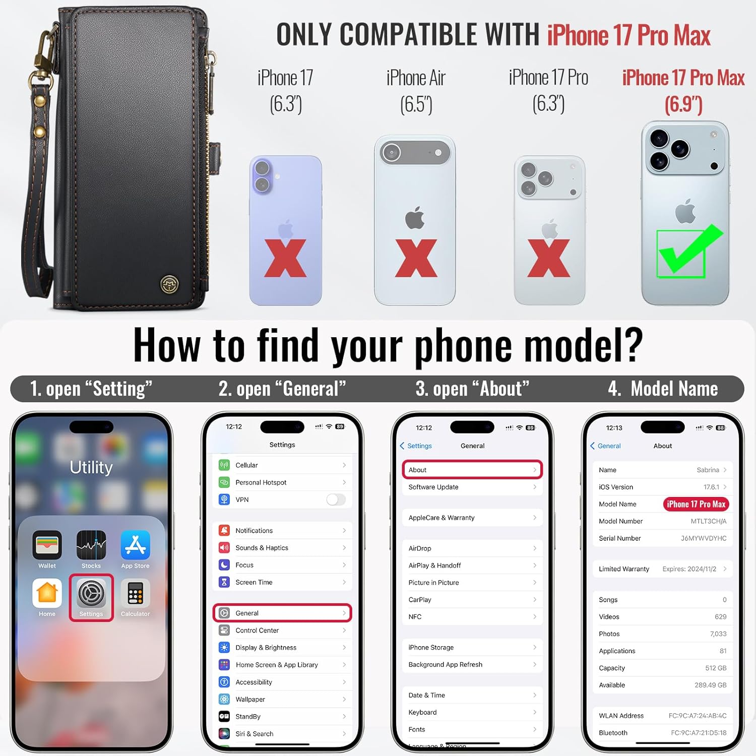 Defencase for iPhone 17 Pro Max Case Wallet with RFID Blocking Card Holder for Women and Men, Fashion PU Leather Magnetic Snap Flip Zipper Strap Wallet Phone Case for iPhone 17 Pro Max 6.9", Black