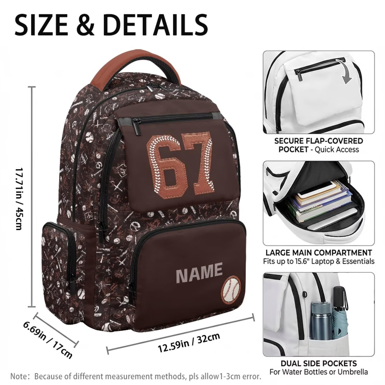 HUGS IDEA Mochila escolar para niños de 17.7 pulgadas con nombre personalizado para niños de 6 a 15 años, Béisbol 67