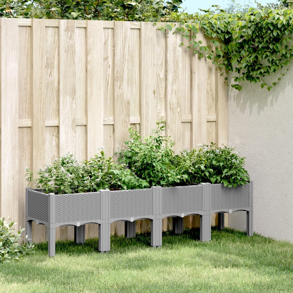 Jardinera con patas elevadas para jardín y terraza, maceta en aspecto de ratán, maceta de plástico PP para plantas trepadoras, 160 x 40 x 42 cm, gris claro