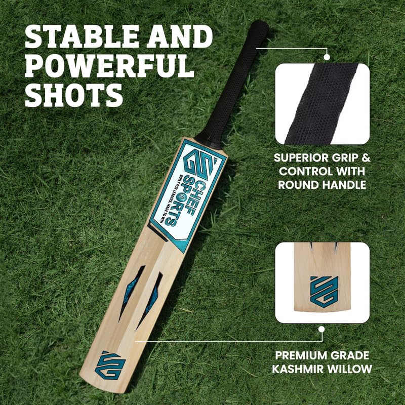Image of Chef Sports Grade 1 Kashmir Willow Cricket Bat | Thick Edges & Big Sweet Spot | Balanced Bat for Powerful Stroke Play & Control | Season Ball