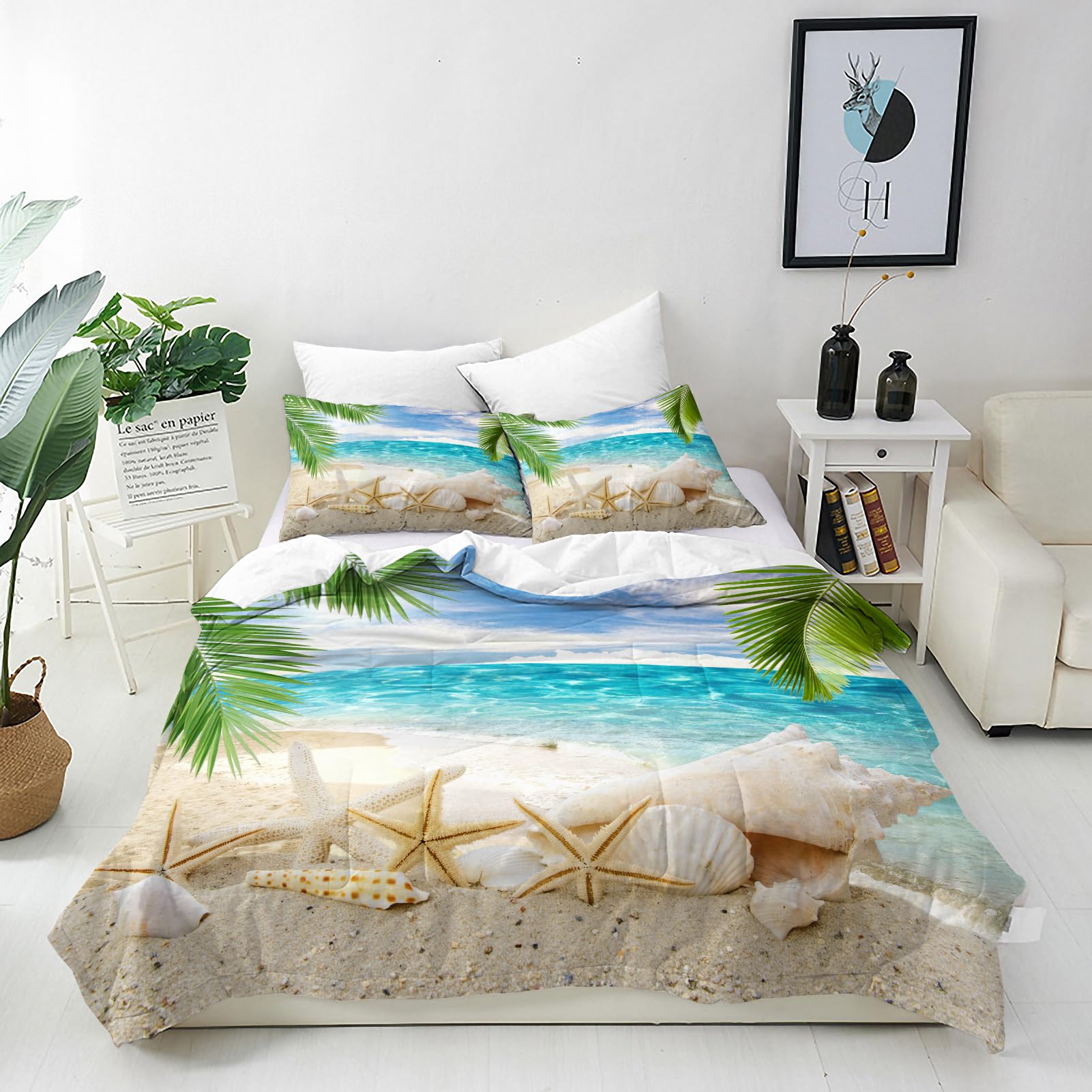 ANHOPE Beach Duvet Cover Set Soft Comforter Cover Tropical Ocean Palm Leaf Print Pattern 3 Piece Bedding Set with Pillowcase All Season Decorative Quilt Cover with Zipper for Kids Adults Super King