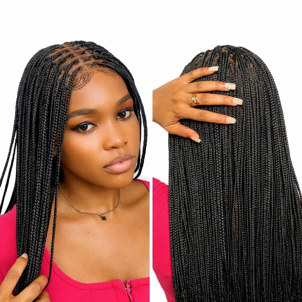 RITA – African Braided, Premium Full Lace Black Knotless Braided Wig for Women (28 Inches)