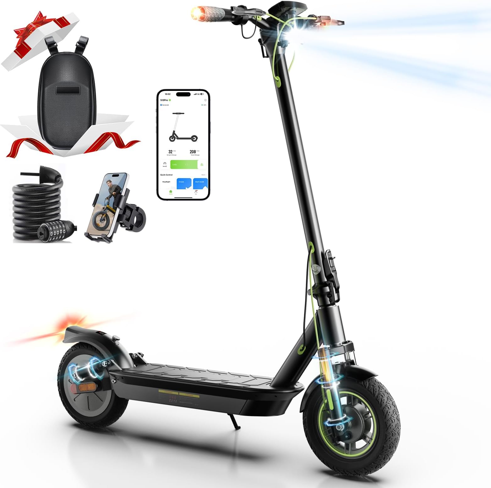 Electric Scooters Adult,10" Off-road Pneumatic Tire Electric Scooter, 50KM Range,4 Speed Modes E Scooter, with Cruise Control and Turn Signal Light,4 Shock Absorbers,3 Braking Systems
