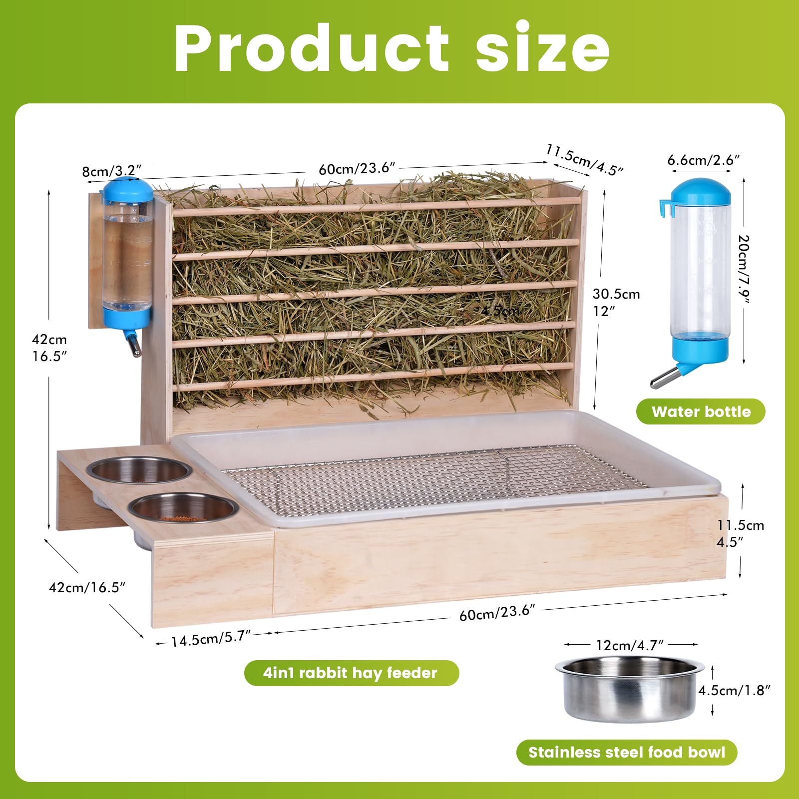 4 in 1 Groß Heuraufe Kaninchen Holz Futterspender Heu Kaninchen mit Katzentoilette Wasserflasche Futternäpfe für Hamster Hölzerner Hasenfutterautomat Heuhaltergestell für kleine Haustiere