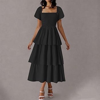 Amazon.com: HGps8w Women's Smocked Midi Layered Dress - 2025 Summer Puffy  Short Sleeve Square Neck Ruffle Wedding Guest Party Dresses : Clothing,  Shoes & Jewelry