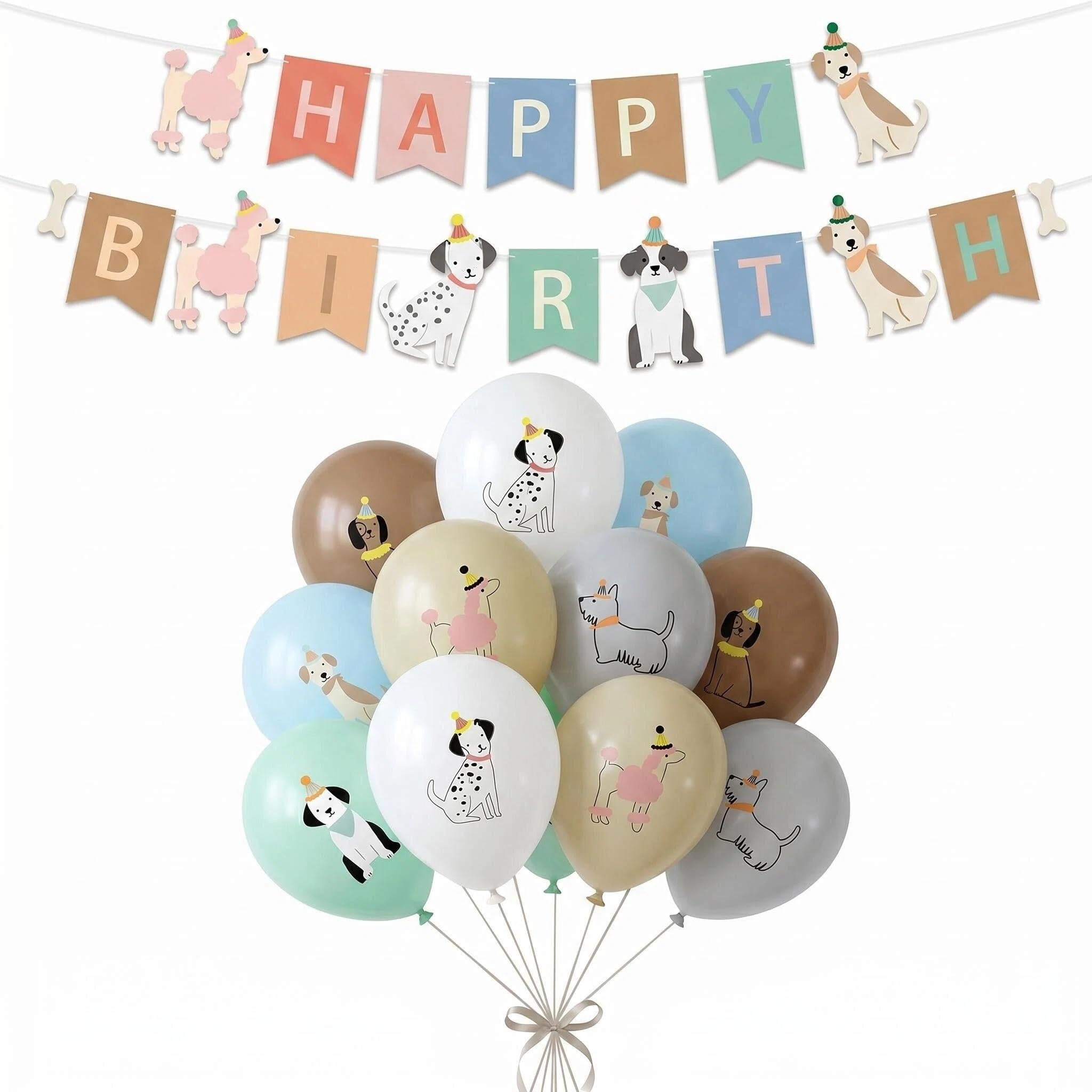 Dog Themed Birthday Decorations, HAPPY BIRTHDAY Banner with Cartoon Dogs & 12 Balloons Set, Complete Puppy Party Kit for Kids, Dog Lover Party Supplies