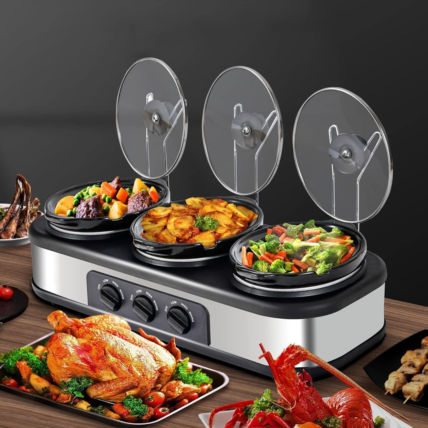 Triple Slow Cooker Buffet Server Food Warmer with 3 Adjustable Temperature Modes, Slow Cooker with 1.5 QT Ceramic Pot, Removeable Glass Lid and 3 PVC Spoons, Dishwasher Safe, Stainless Steel