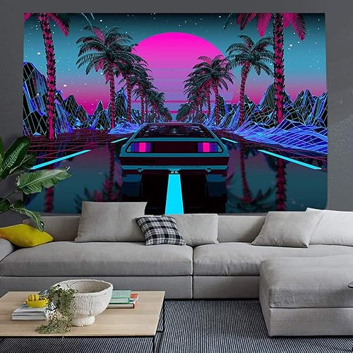 Miniatura 6 de Ine Ive Tapiz de escena urbana de la calle de autos, palmeras, puesta de sol, cielo estrellado, póster colorido punk para colgar en la pared, 60 x