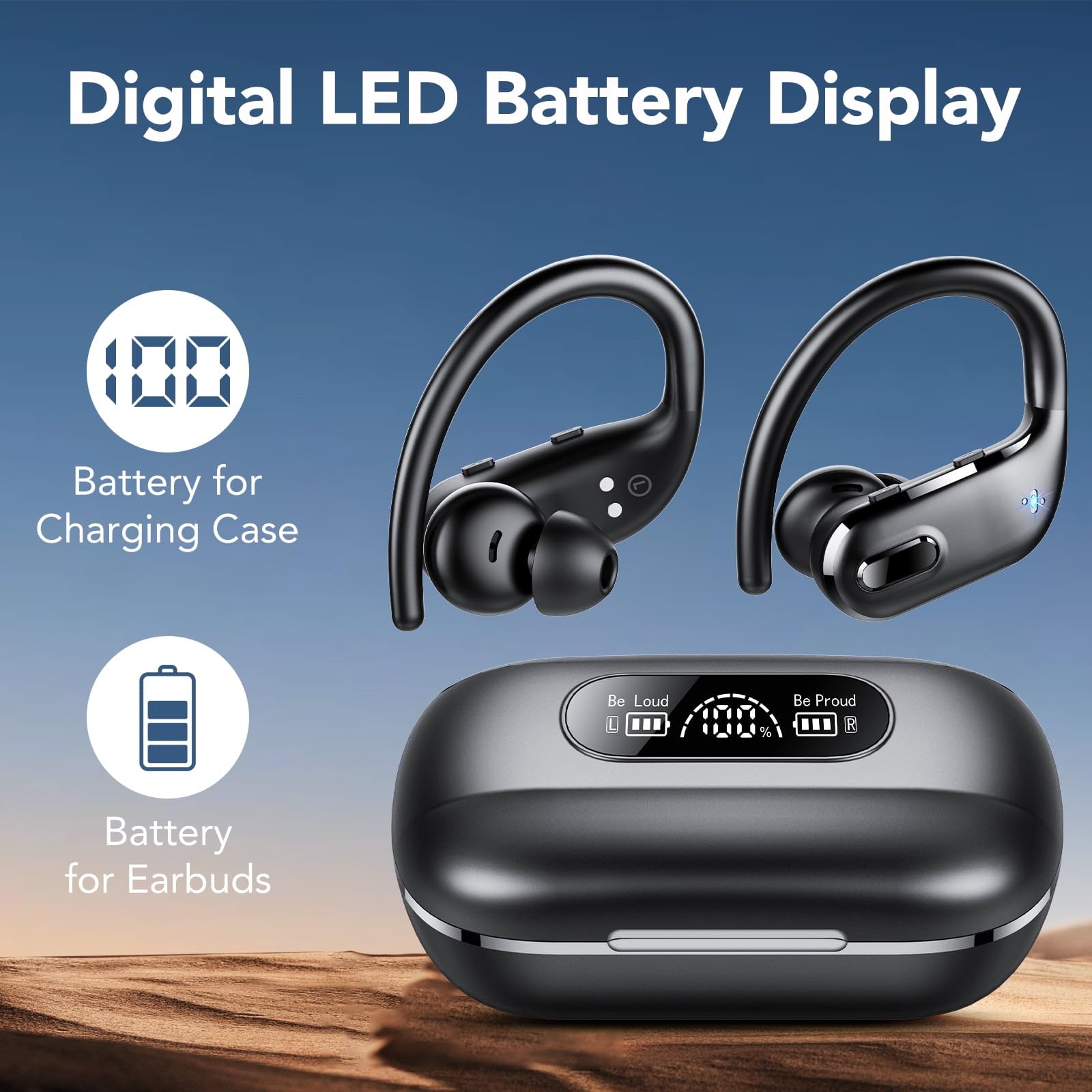 Auricolari Bluetooth 5.3 senza fili, auricolari Bluetooth 5.3 stereo 3D HiFi over ear, 80 ore, con microfono con cancellazione del rumore, cuffie impermeabili IP7 per allenamento/corsa/palestra, nero