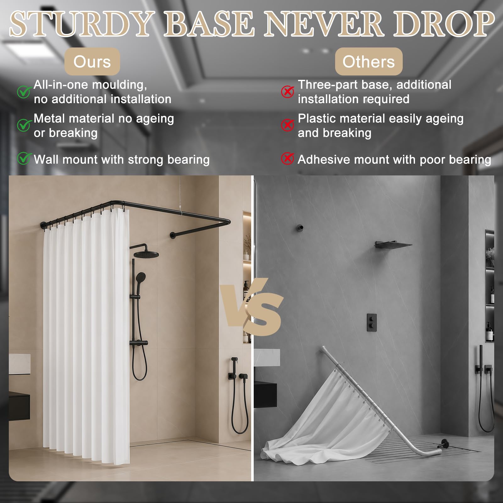 Duschvorhangstange U Form & L Form Verstellbare Duschstange Edelstahl Eckstange mit Vorhangringen und Deckenstütze für Badewanne Dusche (Schwarz TypA)
