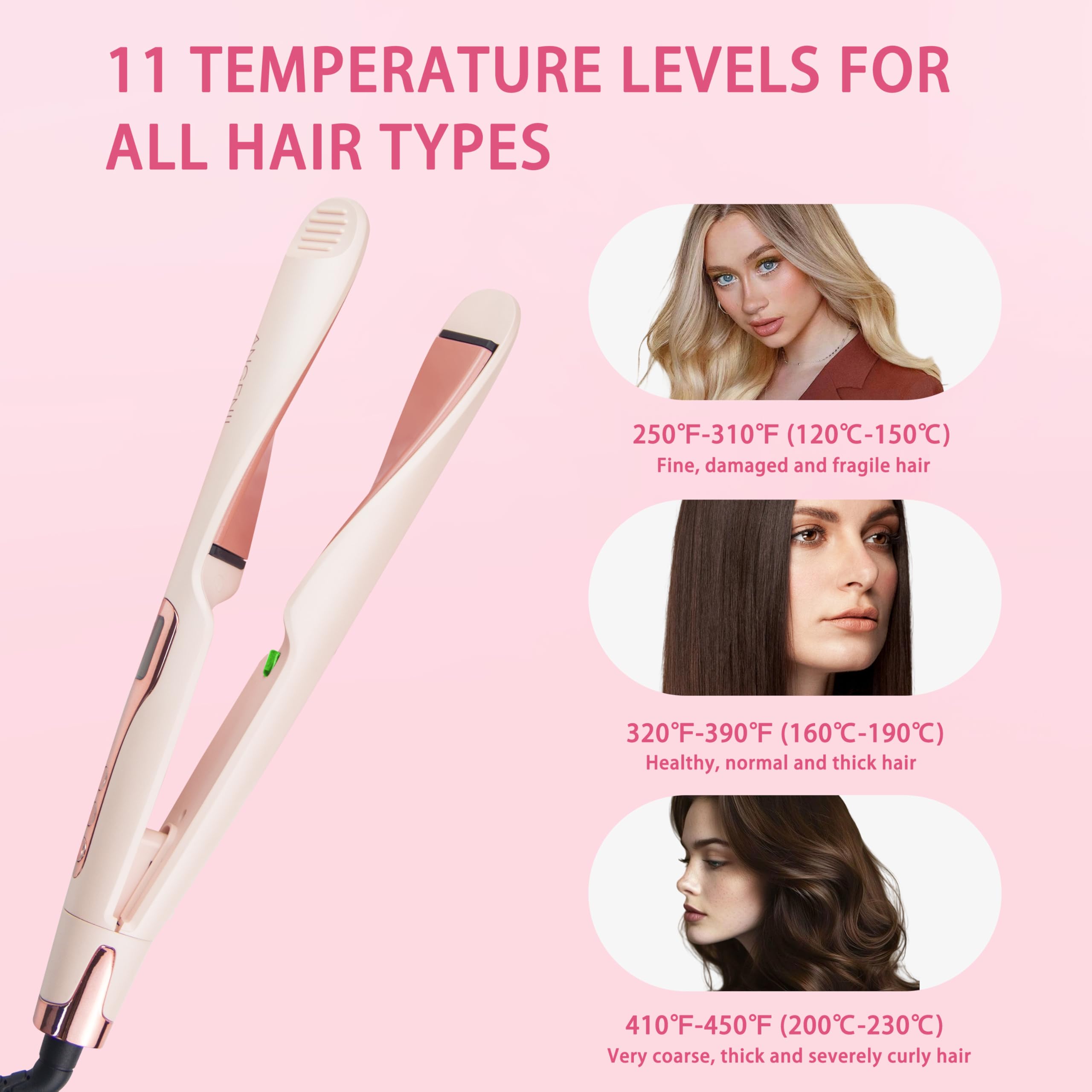 ANGENIL Lisseur Ceramic Twist pour femmes, lisseur et fer à boucler 2 en 1 pour lisser, boucler, onduler, fer à lisser rond rose double tension avec tapis en silicone résistant à la chaleur