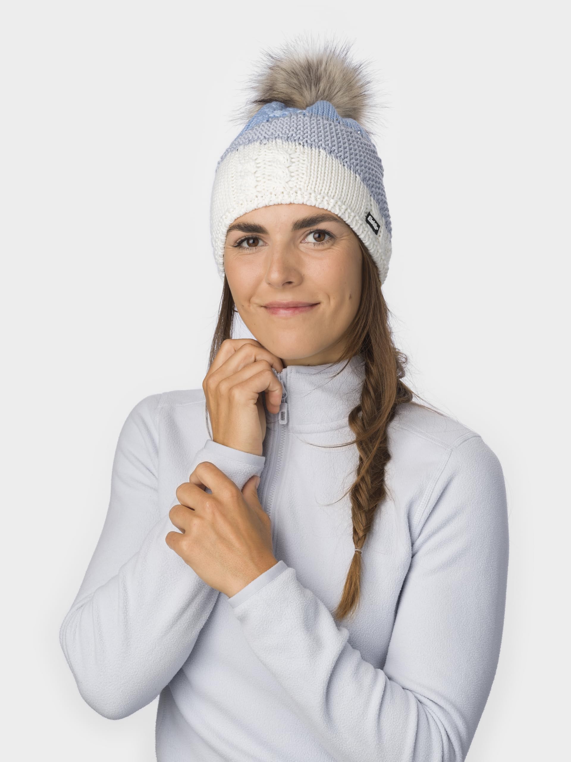 Eisbär Eden Lux Crystal czapka damska z pomponem z merynosów, z polarem, chroni przed zimnem i wiatrem, czapka z dzianiny z pomponem ze sztucznego futra z kryształkami Swarovskiego, elegancka czapka