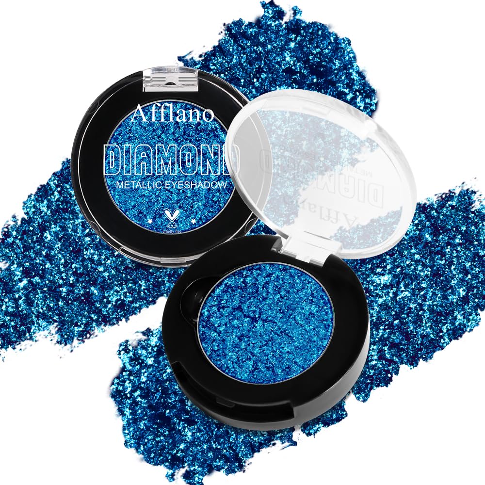 Blue Metallic Eyeshadow Single, Highly Pigmented Fine Pressed Glitter Diamond Eyeshadow with Shimmer finish, Long Lasting Blendable Bright Sparkle Eye