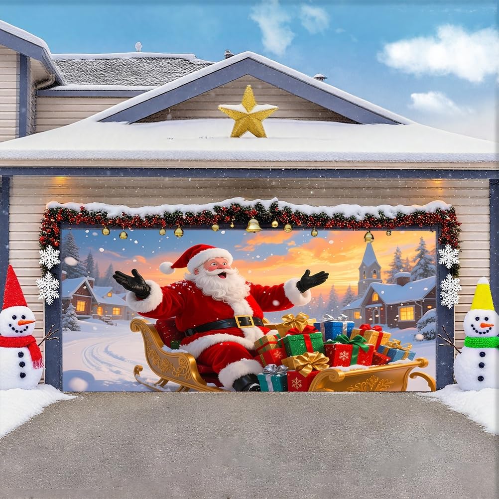 Zfflyh Santa Claus Christmas Garage Door Cover Large Garage Door Banner Christmas Decoration Backdrop For Holiday Party Indoor Outdoor House Decoration,,16X7ft