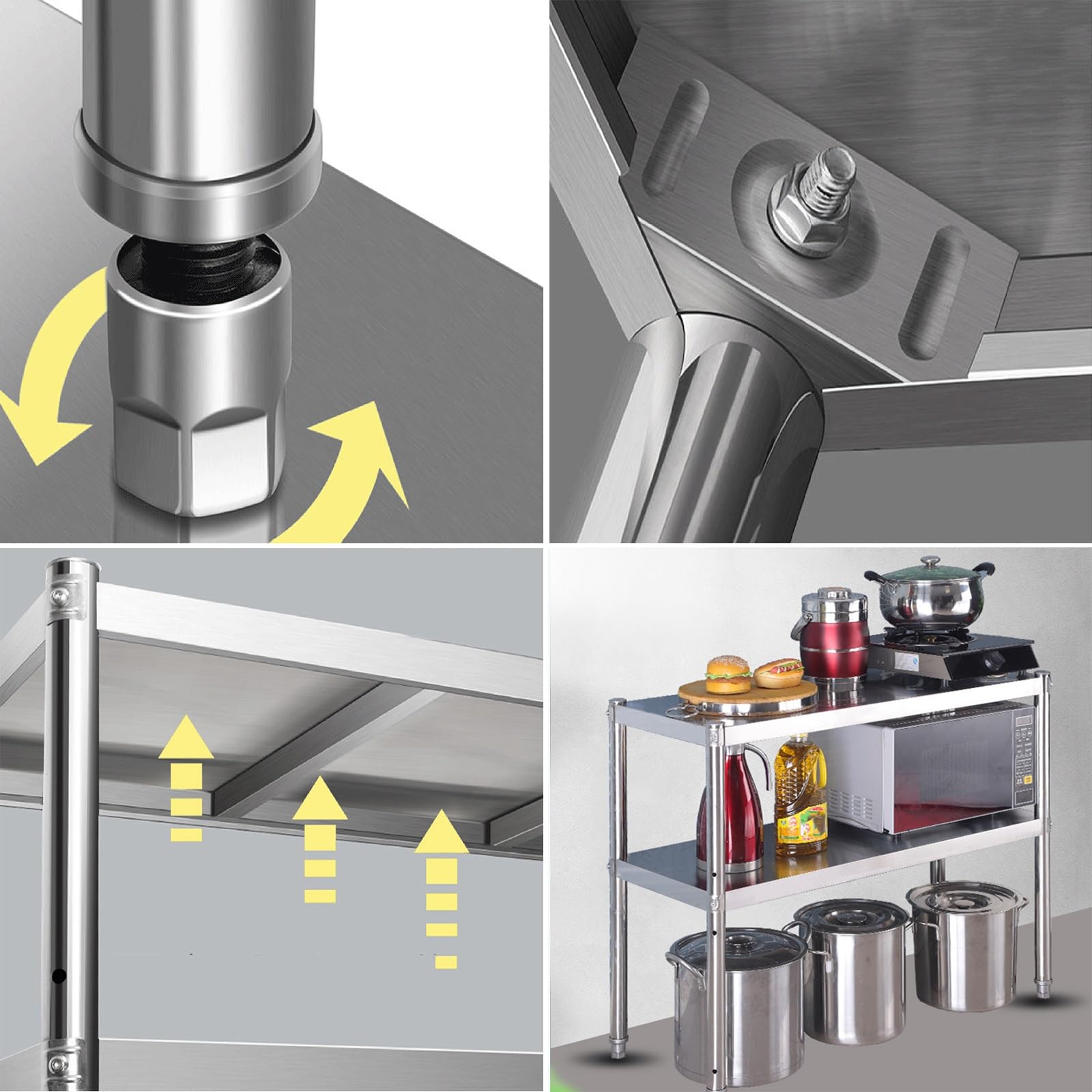 Tavolo da Lavoro in Acciaio Inox da Cucina, Tavolo da Preparazione Multifunzionale a Due Livelli, ripiano Regolabile, Pratico ripiano portaoggetti Aperto, Tavolo in Metallo con Struttura Tri