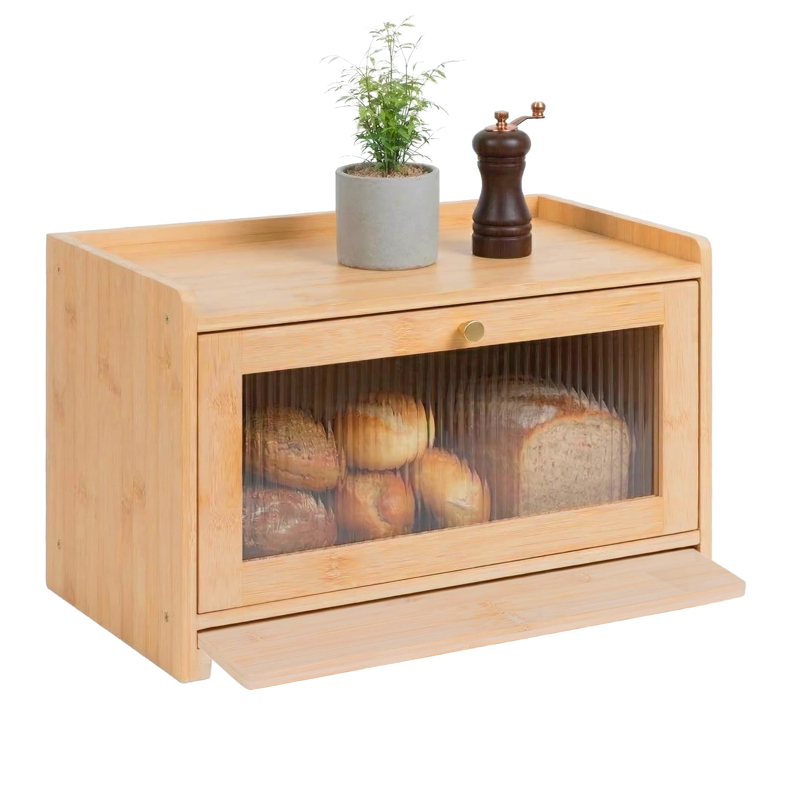 Relaxdays bread bin, bamboo, chopping board, shelf, ventilation holes, viewing window, HxWxD: 26 x 40 x 25 cm, natural