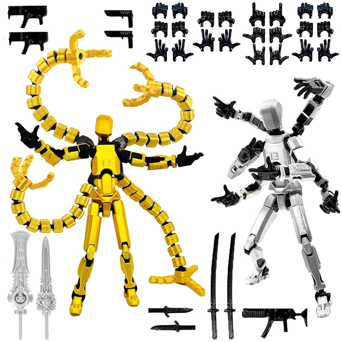 T13 3D Action Figure Set (Assembly Completed) 2 Pcs, 3D Printed Multi-Jointed, Titan 13 Action Figures, Multi-Articular Lucky Mobile Robot Nova,Desktop Decorations for Game Lovers Toys (Gold Sliver)