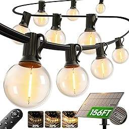 addlon 150FT Solar String Lights Outdoor Waterproof with Remote, Dimmable Commercial Grade Solar Powered String Lights with 80 LED Bulbs, Hanging Light for Camping Backyard Party Decor
