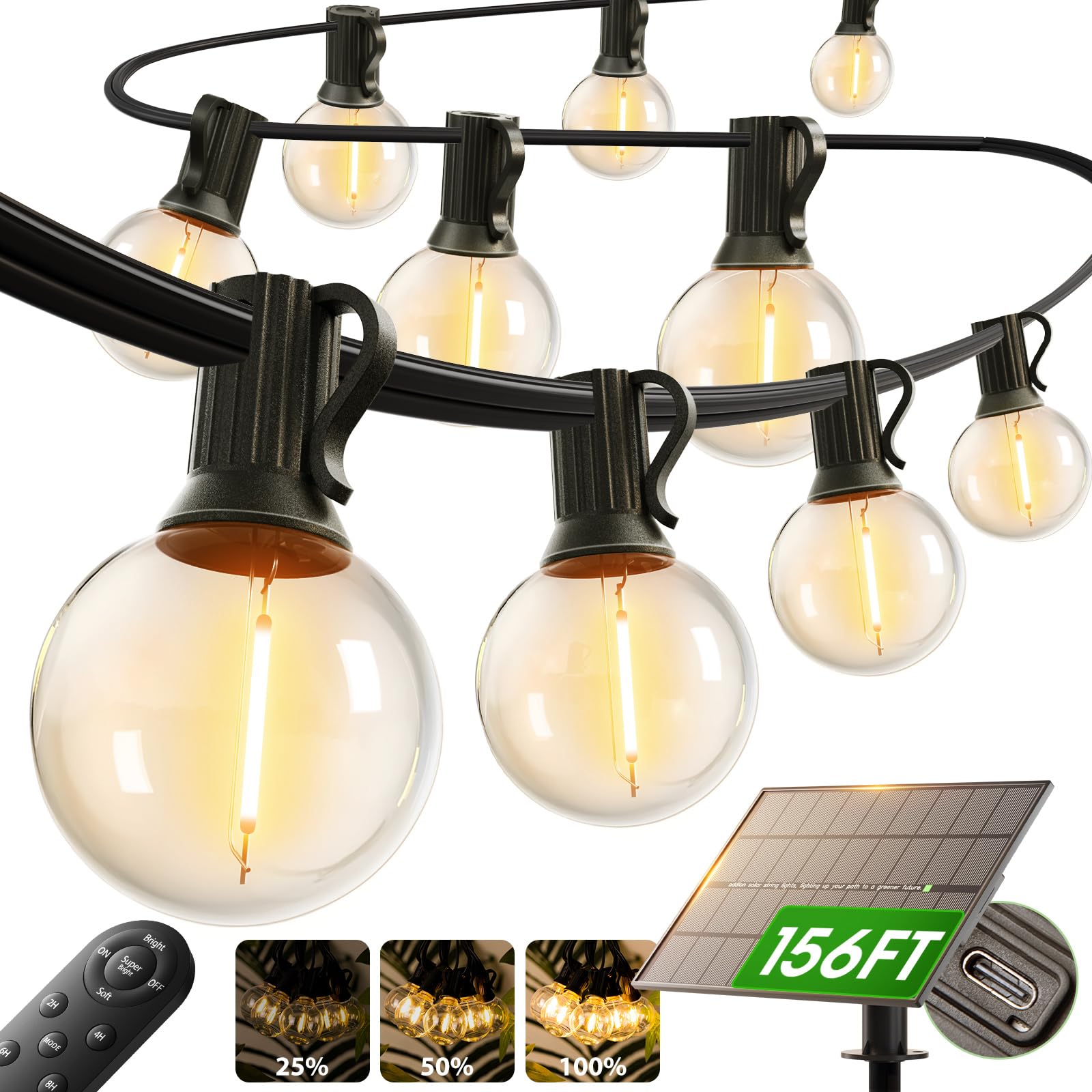addlon 150FT Solar String Lights Outdoor Waterproof with Remote, Dimmable Commercial Grade Solar Powered String Lights with 80 LED Bulbs, Hanging Light for Camping Backyard Party Decor