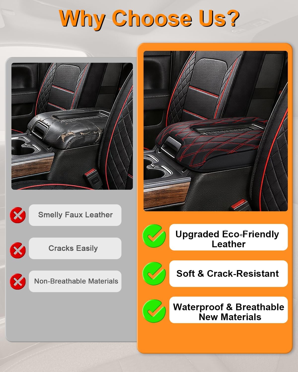 Center Console Armrest Cover for Chevy Chevrolet Silverado/GMC Sierra 2014-2018, Tahoe/Yukon/Suburban 2015-2020, PU Leather Middle Console Lid Protector Arm Rest Cushion Pad, Black/Red(Bucket Seat)