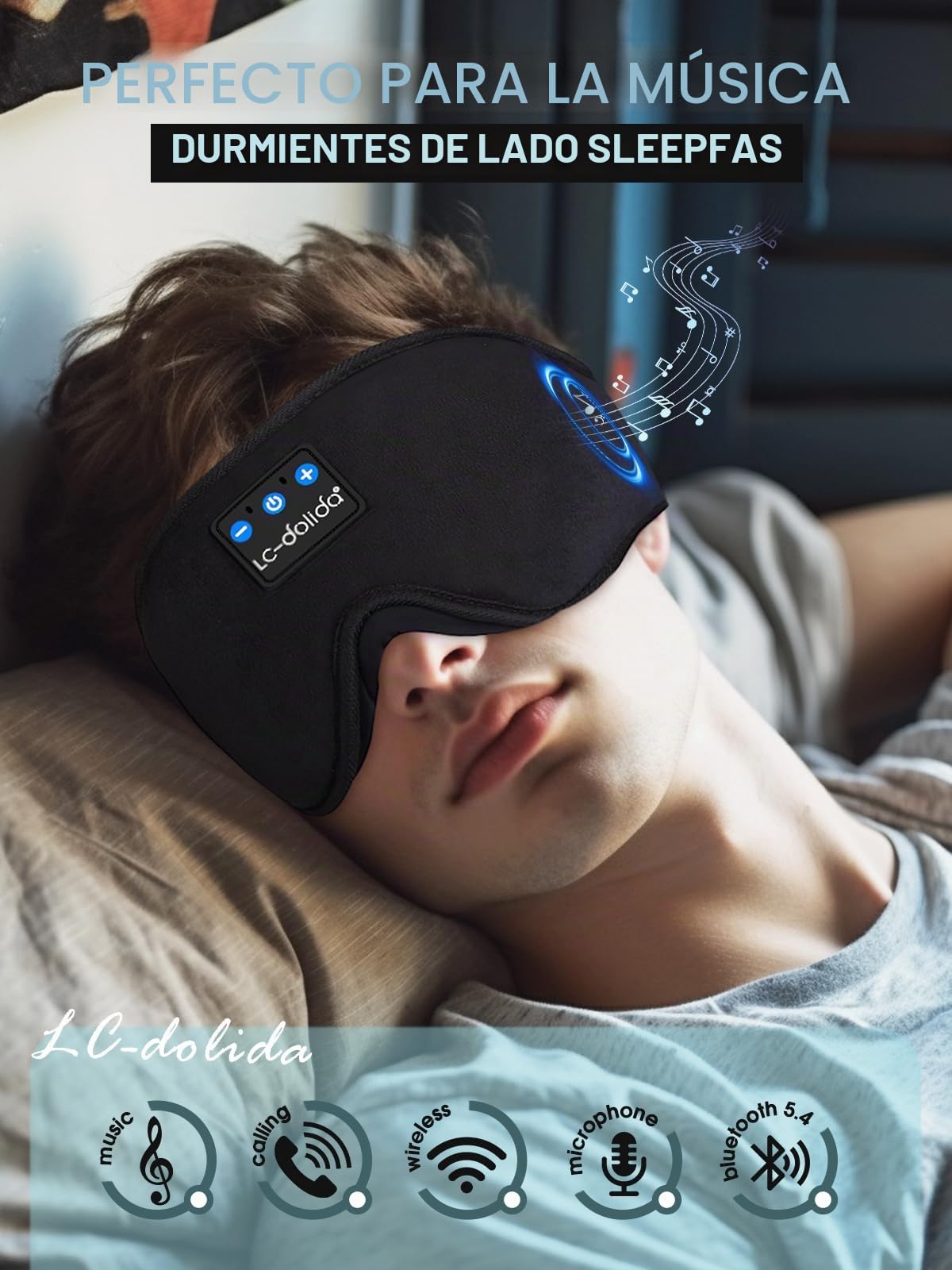 LC-dolida Bluetooth Antifaz para dormir, Auriculares para Dormir Anti-Luz Máscara de Dormir Sin Presión Ocular para Mujeres y Hombres, Auriculares para Dormir en Viajes, Turnos de Noche, Oficina