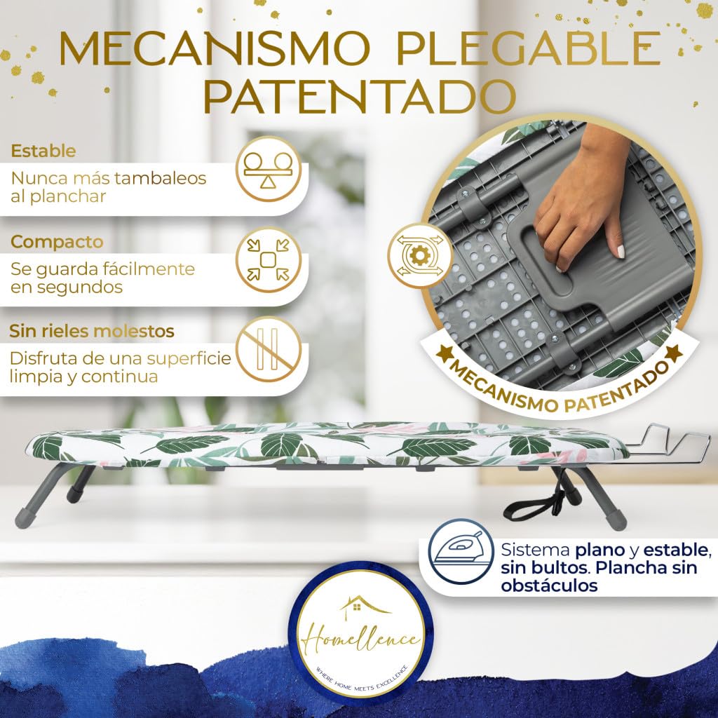 Homellence Tabla de Planchar Plegable Pequeña de Mesa - Tabla de Planchar Sobremesa con 2 Fundas Premium con Mecanismo Patentado para Mayor Estabilidad - Ahorra Espacio en Casa y Viajes (Verde)