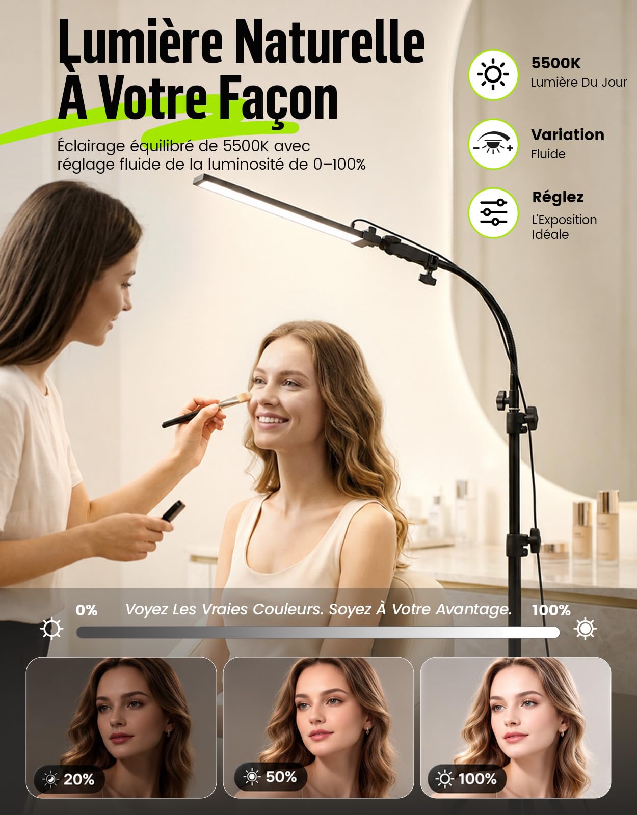 Kit d'éclairage LED pour Photographie - Sac et Tube Souple - Réglable à 180° - Trépied de lumière réglable en Hauteur de 2 m - pour beauté, Sourcils, Maquillage, Portraits et Produits