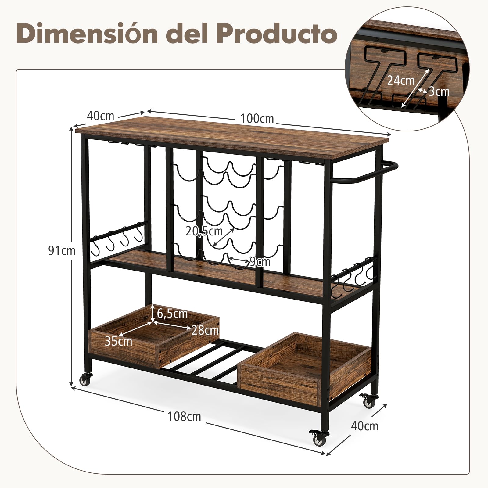 GIANTEX Carro de Servicio Industrial de 3 Niveles, Carrito de Cocina con Portavasos, Soporte para Botellas, 2 Bandejas Inferiores, Ruedas Universales con Cerradura para Comedor (Marrón)