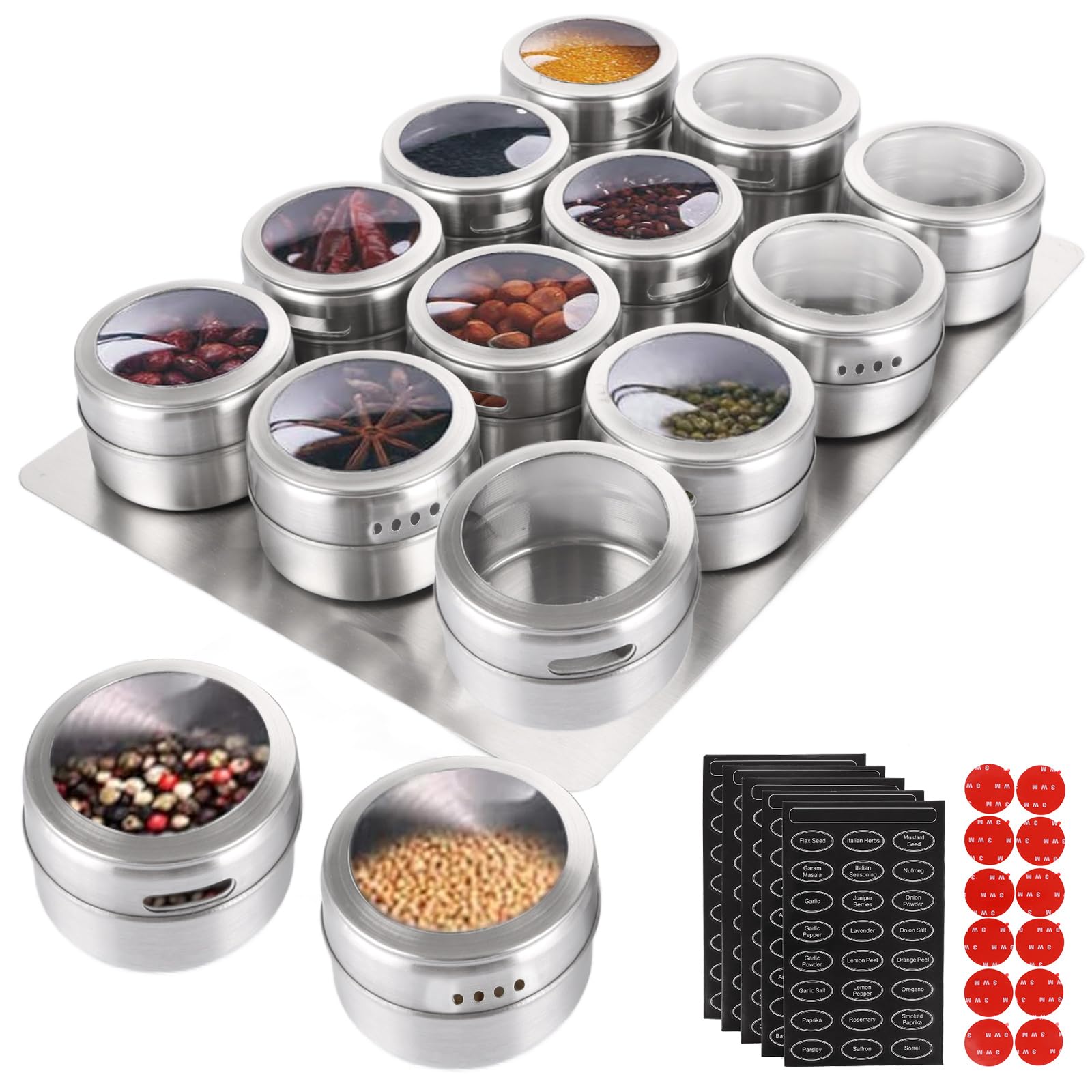 APACALI 12 Stück Gewürzdosen Magnetisch, Magnetische Gewürzdosen mit Wandbasis, Gewürzbehälter Magnetisch, Edelstahl Gewürze Spice Jars enthält 100 Etikettierungsaufkleber Küche, Haushalt & Wohnen