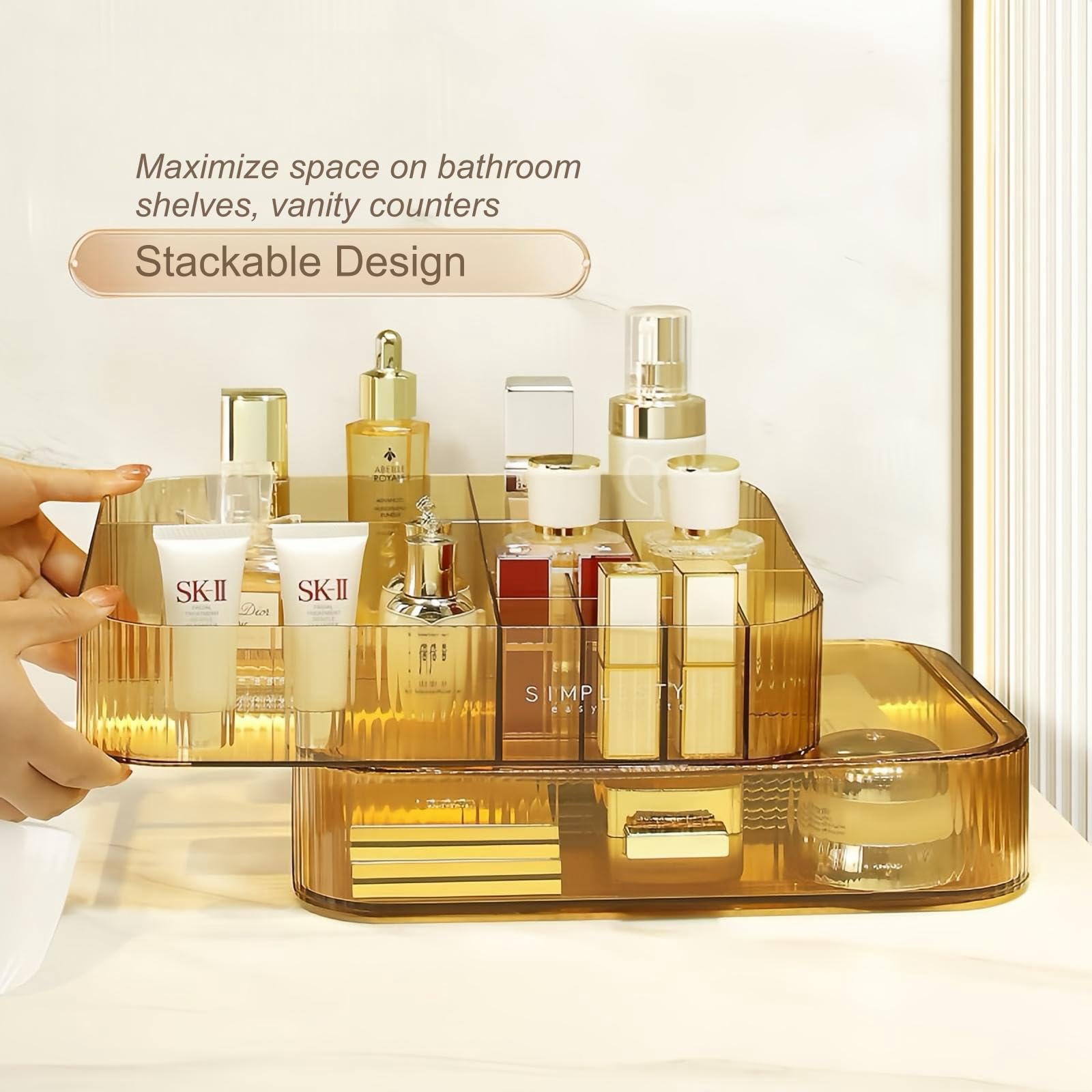 Organiseur de maquillage avec tiroir empilable, vitrine de rangement pour coiffeuse, comptoir de salle de bain ou commode, support de comptoir pour rouge à lèvres, pinceaux, lotions, fard à paupières,