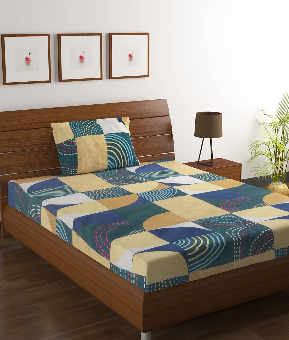 HOMETALES Microfiber Geometric Single Bedsheet with 1 Pillow Cover- Camel