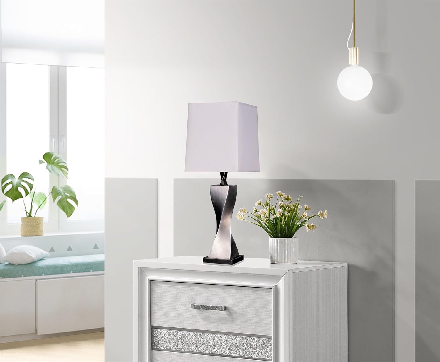 Stonecroft Furniture Table Lamps, 29.5 in Twisted Base, Antique Silver Finish, White Square Shade, Set of 2, Contemporary Style, 3-Way Switch, Living Room or Bedroom Lighting