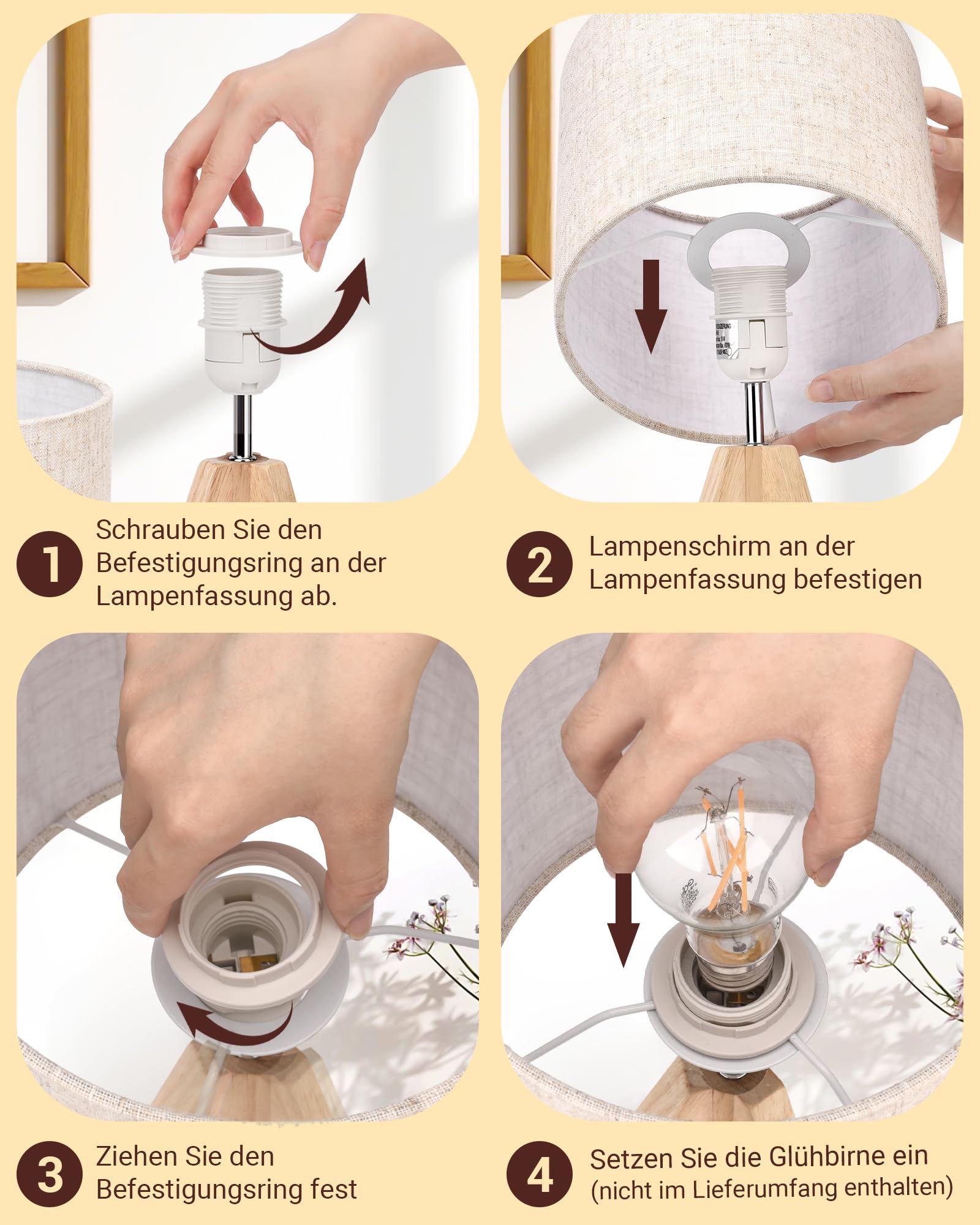EDISHINE 2er Set Tischlampe Holz, LED Nachttischlampe mit beigem Leinen-Lampenschirm, E27 Fassung, inkl. Leuchtmittel, Vintage Tischleuchte für Schlafzimmer, Wohnzimmer, Geschenk