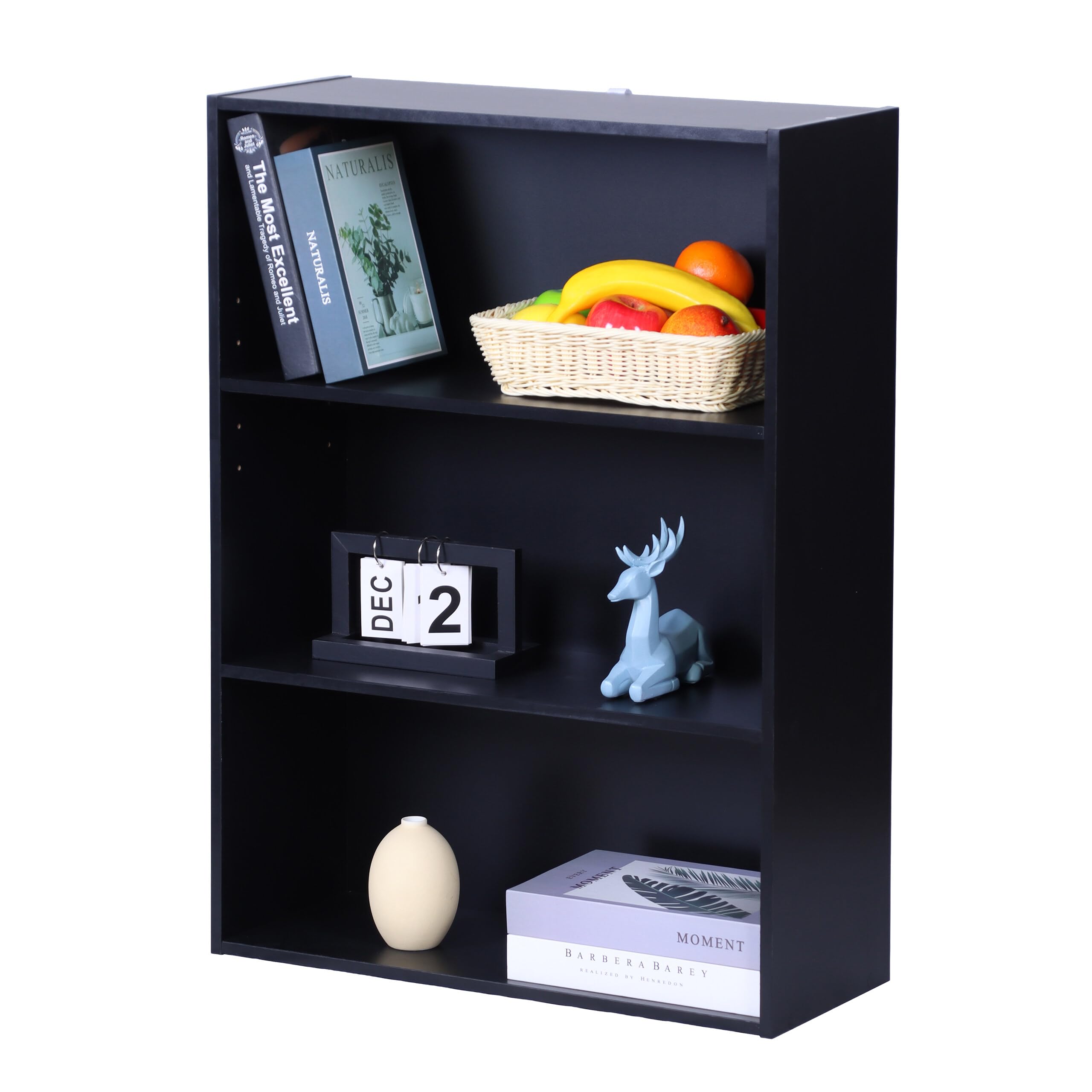 Relaxdays Libreria, HxLxP: 82 x 60 x 24 cm, 3 scomparti, ripiani regolabili, scaffale da soggiorno, nero
