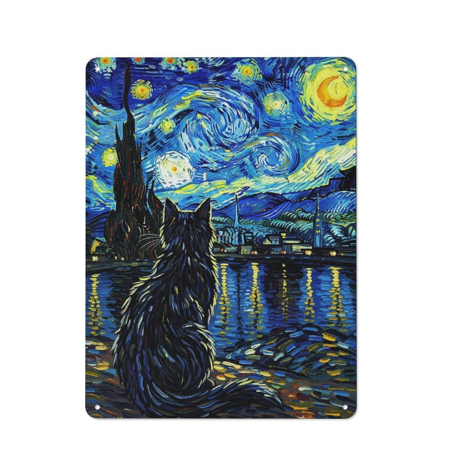 Junmoney Style-20 Decorative Metal Sign With Cat Gazing At Starry Night Design 40X30cm, Retro Bistro Wall Plaque For Coffee Bar, Kitchen, Bistro Or Tea Corner