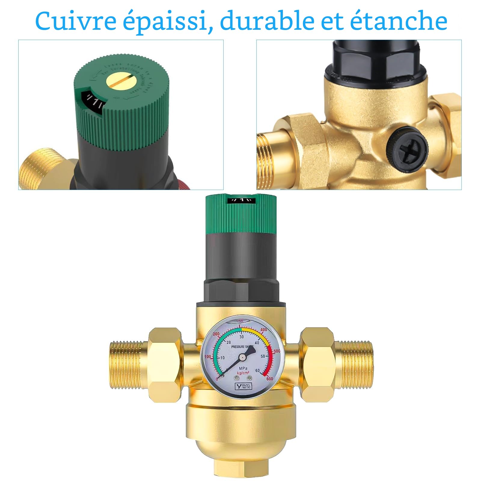 3/4 Pouce Reducteur de Pression Eau, Limiteur de Pression Avec Manometre Pression Eau Et Filtre à Mailles, RéDucteur de Pression D'Eau En pour Robinets D'Irrigation de Jardin de Chauffage au Gaz