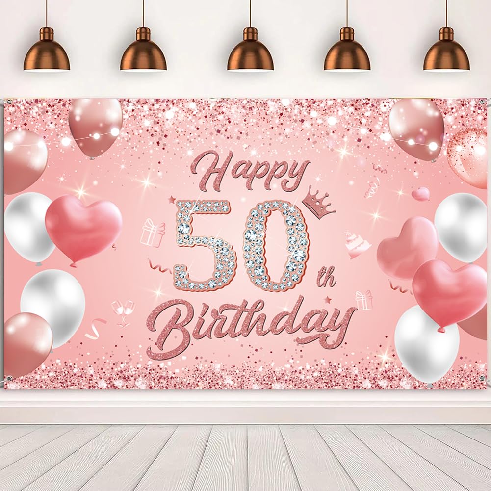 Happy 50th Birthday Banner Rose Gold 1.1 x 1.8m Happy Birthday Banner Backdrop 50th birthday Decorations for Girls Women, 50 Years Old Anniversary Party Supplies