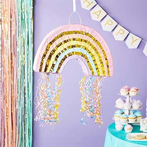 Miniatura 2 de BLUE PANDA Pinata arcoíris con cuerda de tiro, pequeña, 16.5 x 10 x 3 pulgadas, color pastel, mini piñata de cumpleaños para decoración de