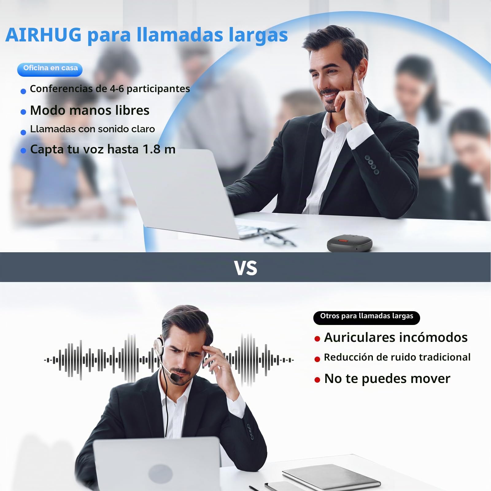 AIRHUG - Altavoz y micrófono de Conferencia, Altavoz Bluetooth con Recogida de Voz de 360°, reducción Avanzada de Ruido, USB-C Plug & Play, Compatible con Zoom y MS Team