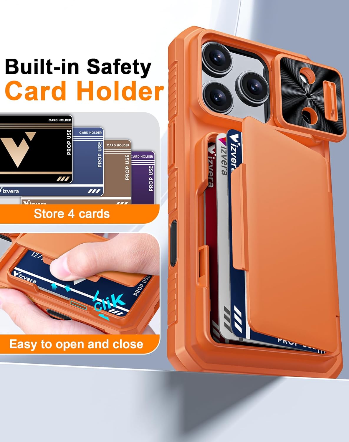 Vizvera for iPhone 17 Pro Case Wallet RFlD [Cards Holder][Camera Control][Camera Cover] Full Body Rugged Shockproof Silicone Protective Phone Case for iPhone 17 Pro 6.3'' 2025(Spritz Orange) - Image 4