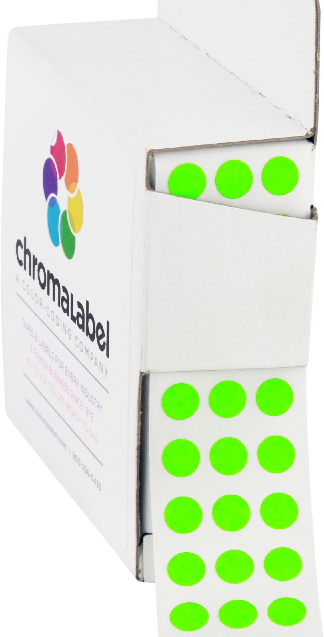 ChromaLabel0.25 inch Round Label Permanent Color Code Dot Stickers, 250 Labels per Dispenser Box, Fluorescent Green
