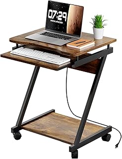 Small Computer Desk with Keyboard Tray, Z-Shaped Home Office Desk for Small Space, Compact Study Desk with Power Outlet and Casters, Computer Workstation for Home and Office, Brown