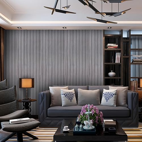 Miniatura 5 de Paneles de pared de madera acústicos para decoración de paredes interiores, dos paneles de pared insonorizados 3D de 94.68 x 12.79 pulgadas, roble