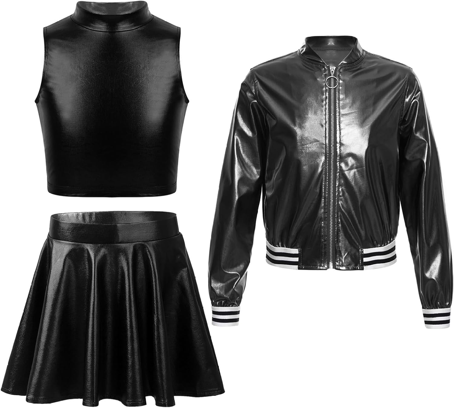 Mädchen Glitzer Outfit 3-teilig - Bomberjacke, Crop Top & Rock Für Tanz & Party