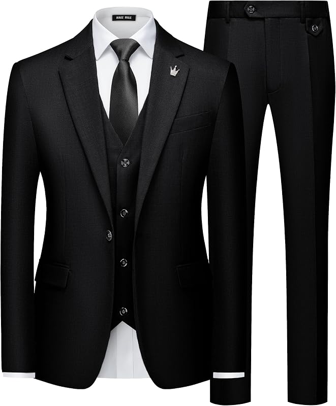 MAGE MALE Trajes para hombre Slim Fit Conjunto de traje de esmoquin elegante de 3 piezas para negocios | Un botón, solapa con muesca, ropa formal para boda, graduación, fiesta, chaleco tipo blazer sólido, conjunto de pantalones, trajes de vestir con corbata y broche