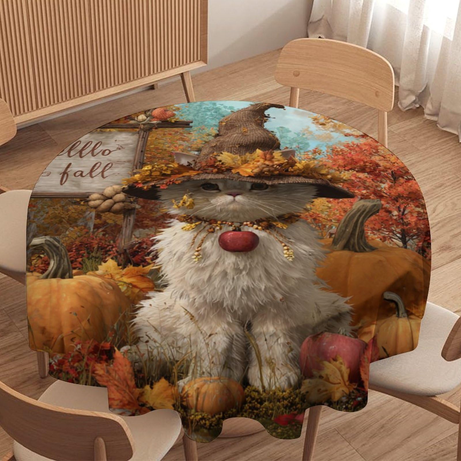 LUYYSKY Cute Vintage Cartoon Cats Round Tablecloth Funny Oil Painting Thanksgiving Animals Cats Kitten Pattern Washable Decor for Table Cover for Kitchen-177.8" Wx177.8 L cm