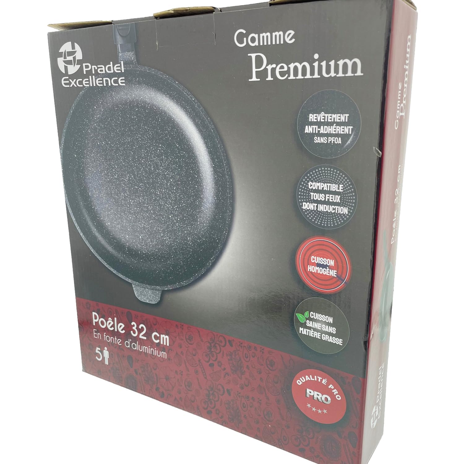 Pradel Excellence - PCUI001004 - Poêle en Fonte d'Aluminium Premium Ø32cm - Revêtement Anti-Adhésif Façon Pierre - Manche Amovible - Tout Feu, Induction, Four, Noir